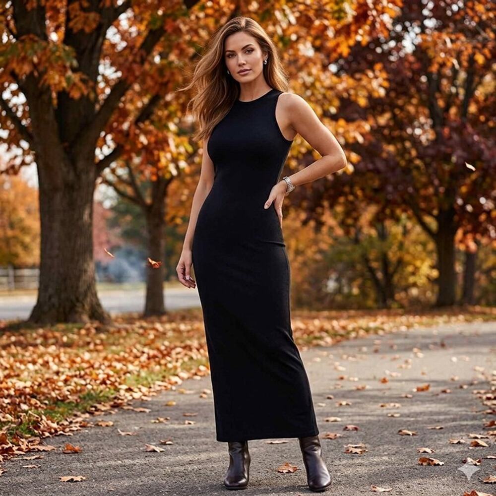 Popilush Ribbed Sleeveless Bodycon Maxi Dress Built-in Bra L NEW